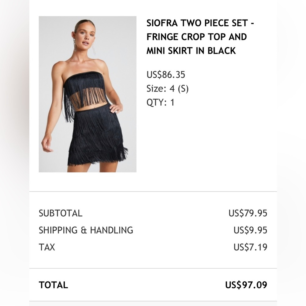 Showpo SIOFRA TWO PIECE SET - FRINGE CROP TOP AND MINI SKIRT IN BLACK Small